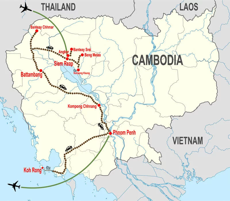 Tour Cambogia classica e isola Koh Rong - mappa © In Asia Travel