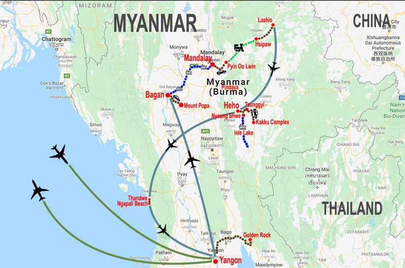 Culture and relax in Myanmar - map © In Asia Travel