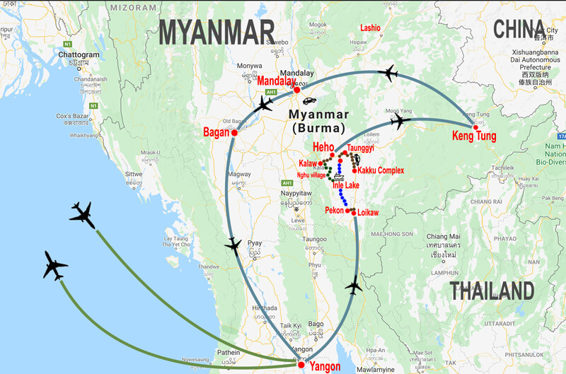 Trekking avventura in Myanmar - mappa © In Asia Travel