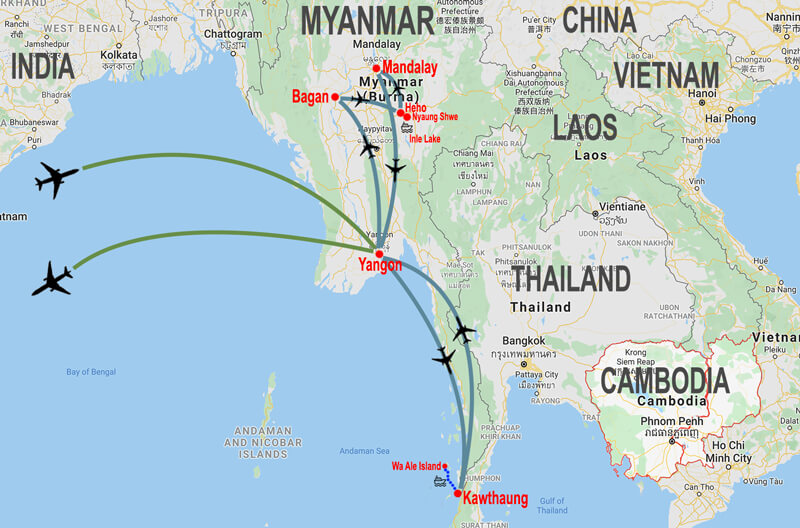 HONEYMOON IN MYANMAR - map © In Asia Travel