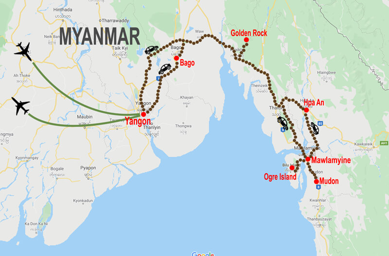 Tour South Myanmar - map © In Asia Travel