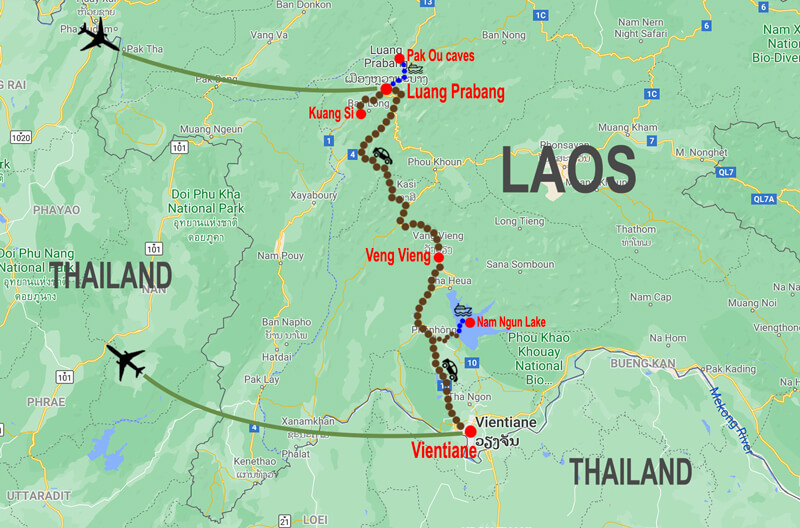 Tour classico in Laos - mappa © In Asia Travel