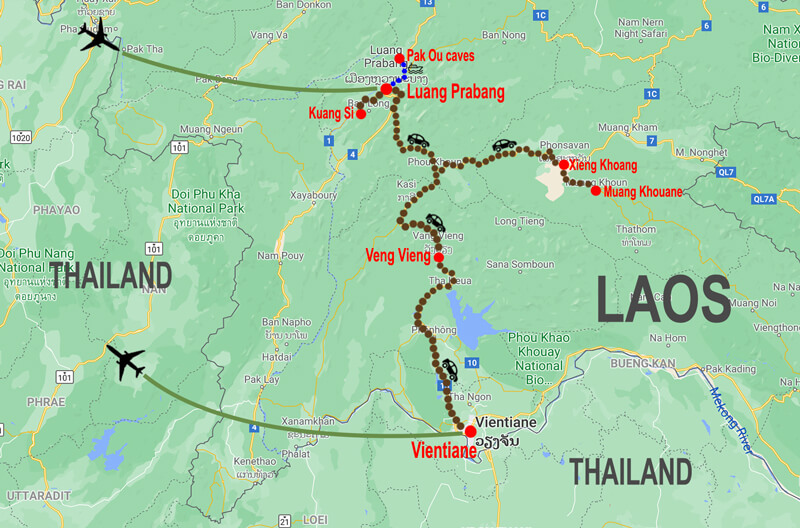 From Luang Prabang to the mysterious jars - map © In Asia Travel