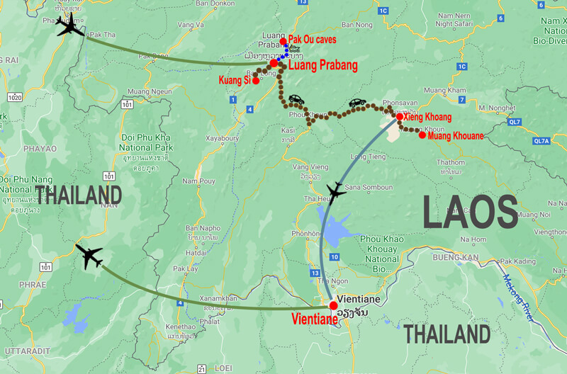 From Luang Prabang to Thousand Buddhas - map © In Asia Travel