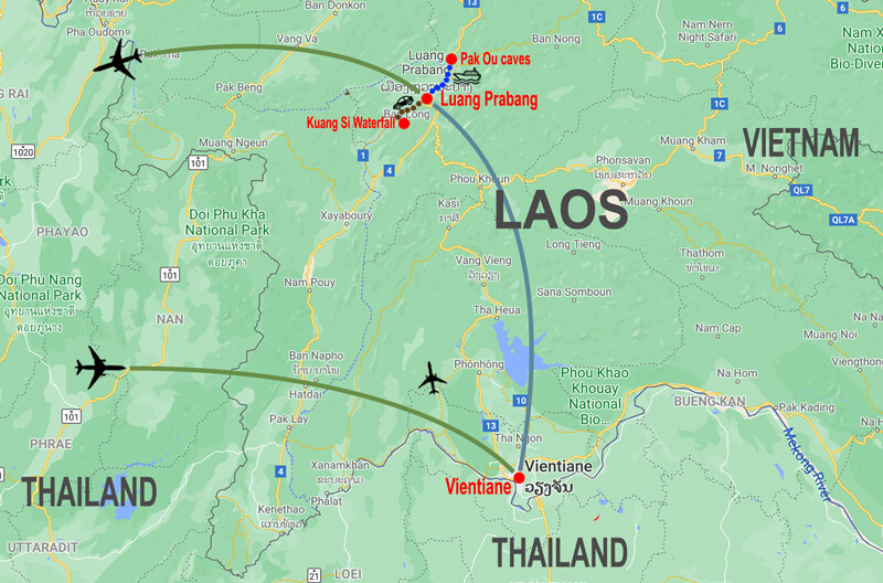 Kuang Si waterfalls and Thousand Buddha caves - map © In Asia Travel