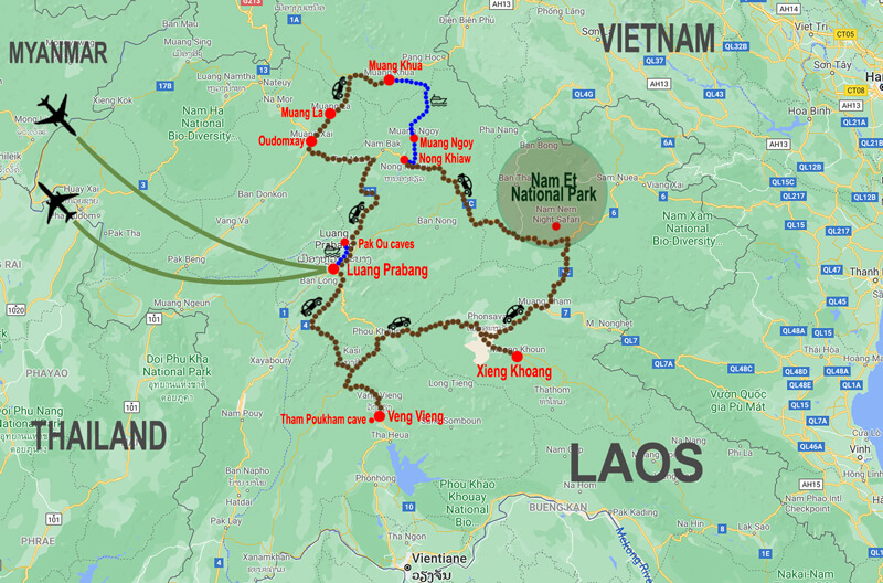 Northern Laos Tour - map © In Asia Travel