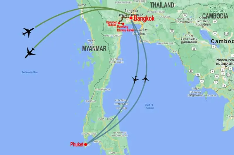 Tour Bangkok e Phuket - mappa © In Asia Travel