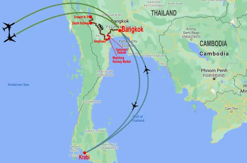 Tour Thailandia Centrale ed estensione mare - mappa © In Asia Travel